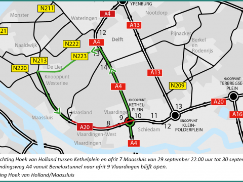 Nachtafsluiting A20 richting Hoek van Holland